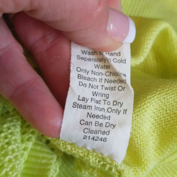 CAbi style #199 split back mesh neon lemon lime sweater, acrylic, sheer XS - Picture 7 of 9